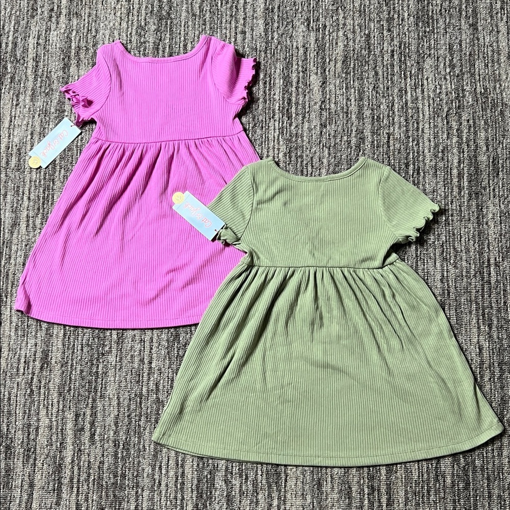 Cat & Jack Ribbed Green and Pink Dresses 2 Pieces Set Size 3T - Picture 6 of 7